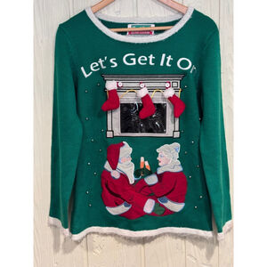 Festified Holiday Greetings Christmas Sweater Green White Large